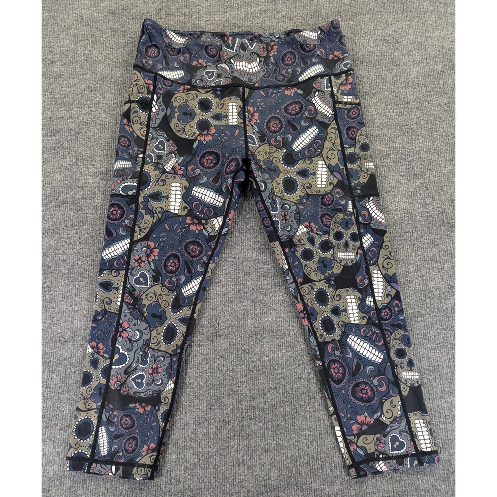 Constantly Varied Gear CVG Midnight Skulls Floral Pockets Leggings XL Blue Grey